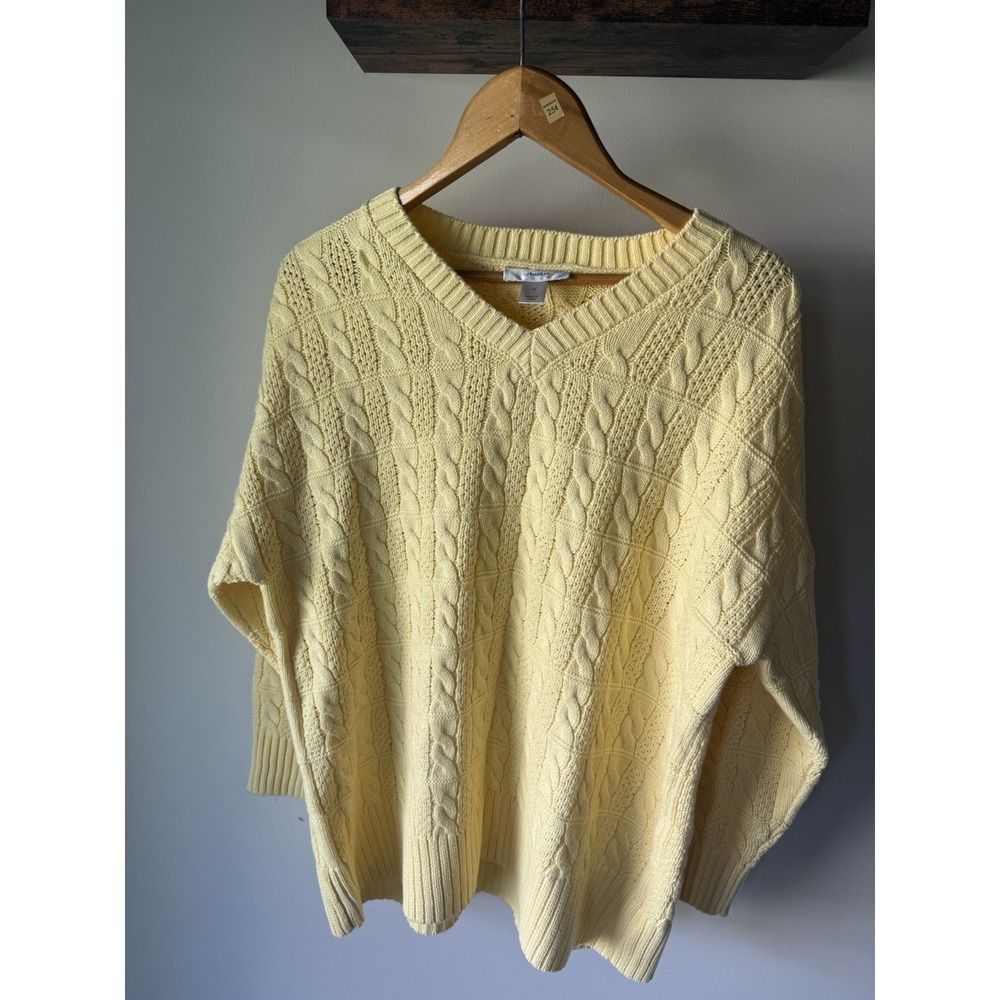 CJ Banks Women Plus Size 1X Yellow Cable Knit Sweater V-Neck Cotton Blend New